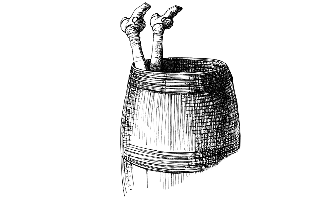 Legs sticking out of a barrel