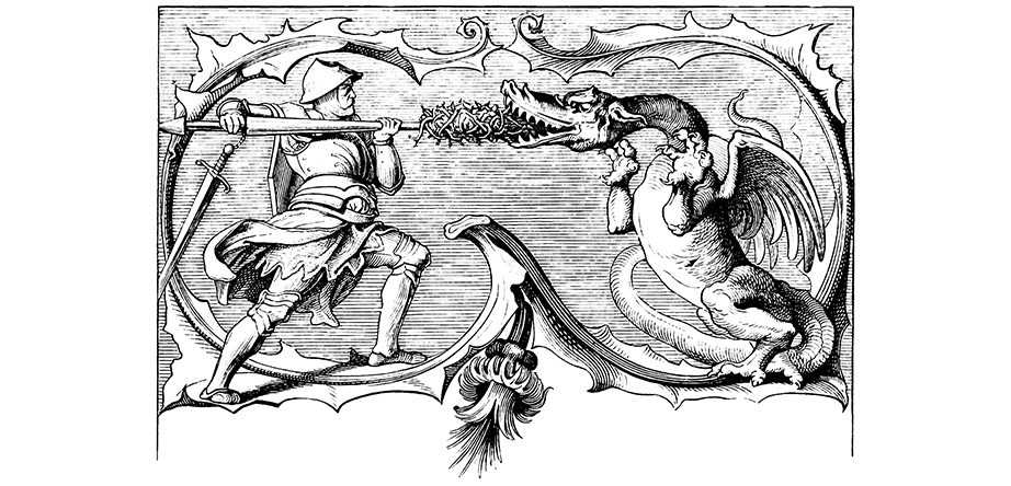 Armored warrior battling a dragon
